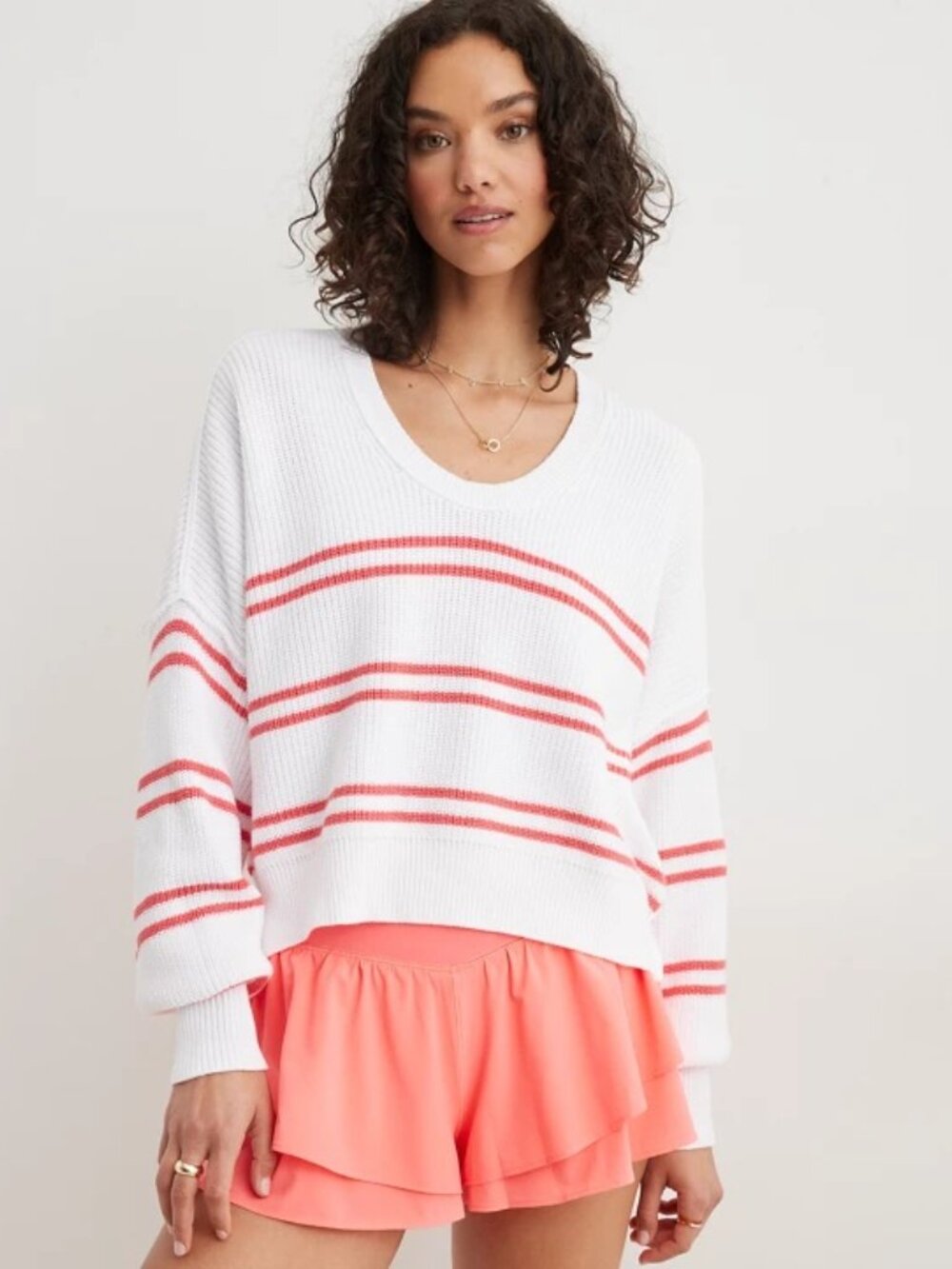 Aerie Beyond Cropped Sweater White Red Striped Relaxed XL